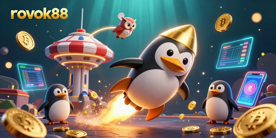 Spin with rokok88 as a golden penguin rockets towards a casino chip, surrounded by crypto and game elements.