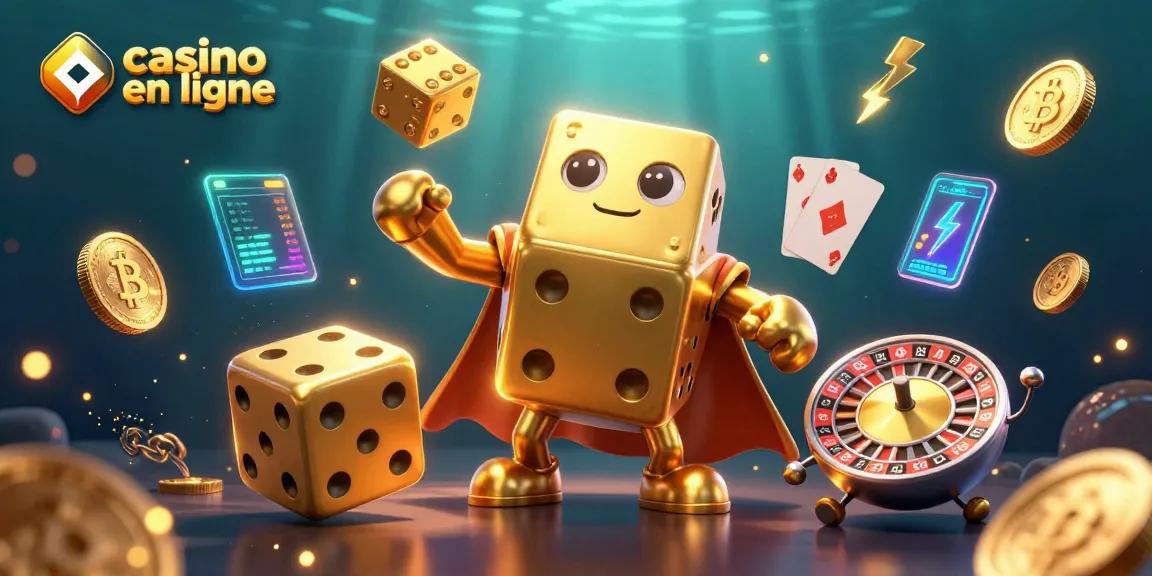 Jouez à casino en ligne avec des dés dorés, pièces de crypto et effets lumineux.