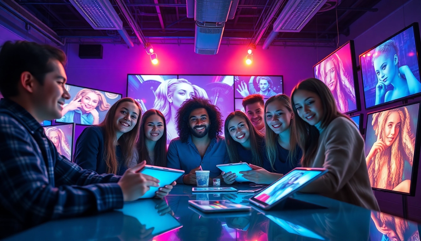 Dynamic group creating stunning nsfw ai artwork in a modern studio