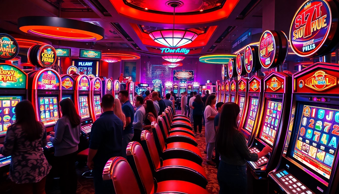 Menampilkan slot pulsa yang menarik dengan mesin slot berwarna-warni di kasino yang penuh semangat.