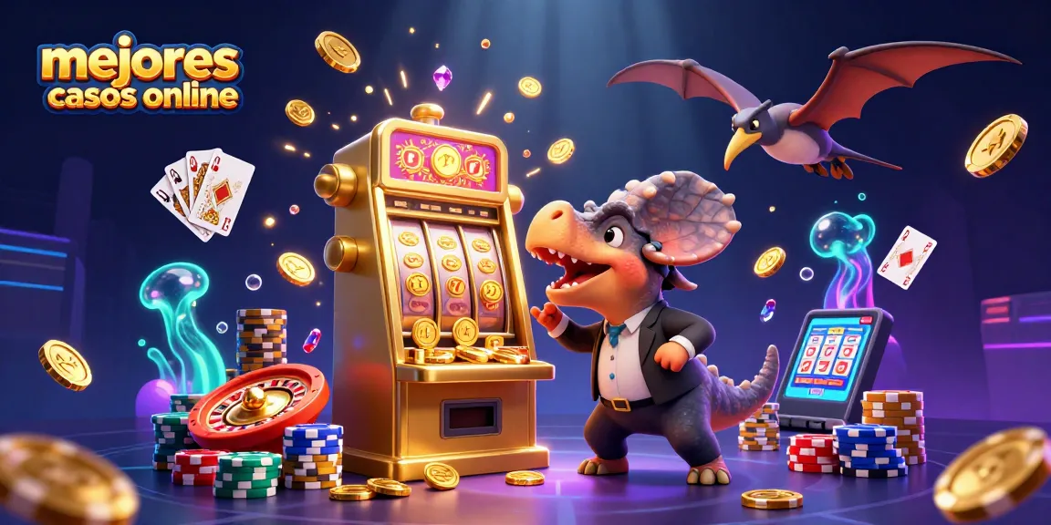 Explora los mejores casinos online mientras un dinosaurio juega en una máquina tragamonedas dorada.