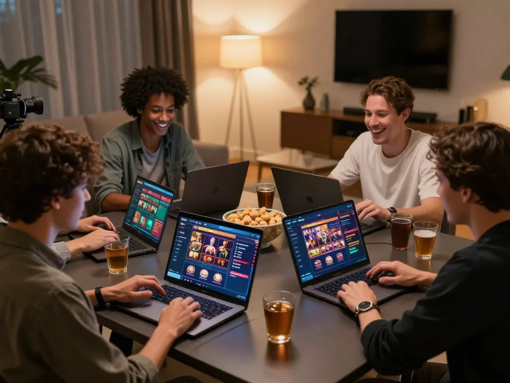 Friends enjoying online gaming with the NK88 app amidst a cozy home setting