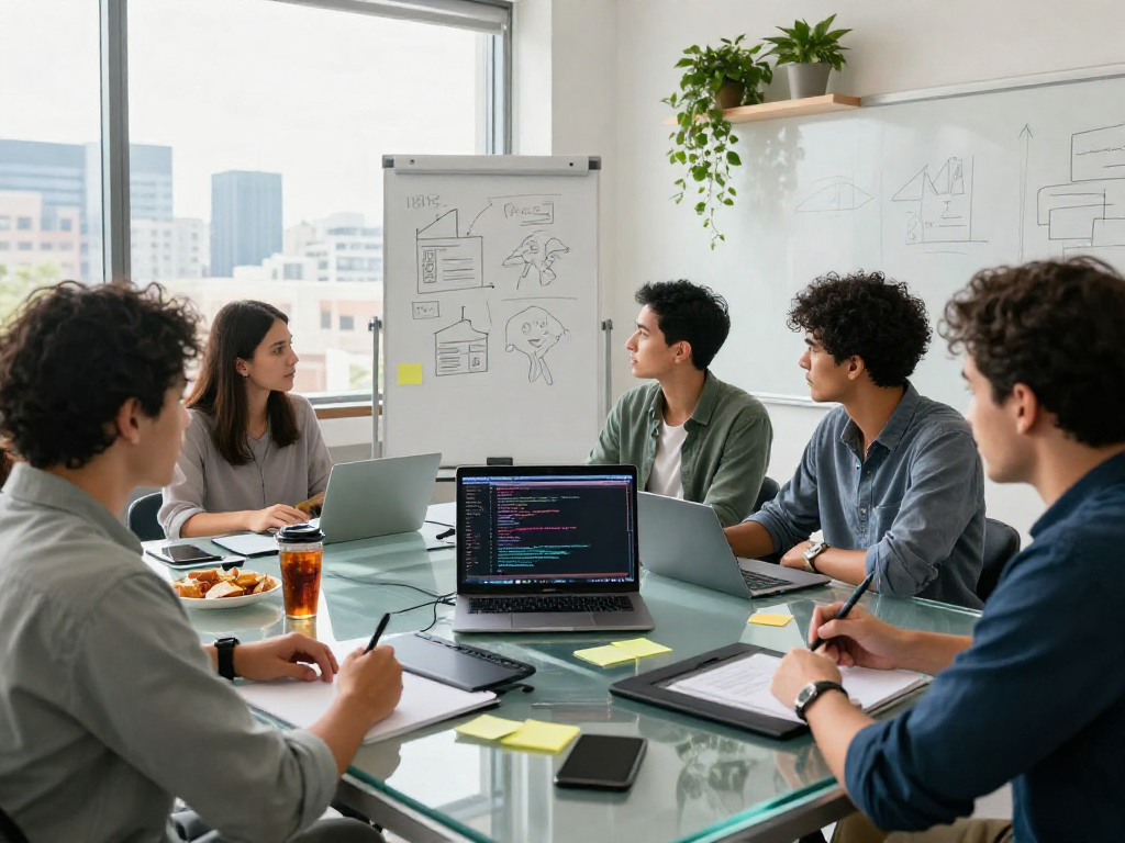 Developers collaborate on a crushon project in a vibrant tech workspace with laptops and sketches.
