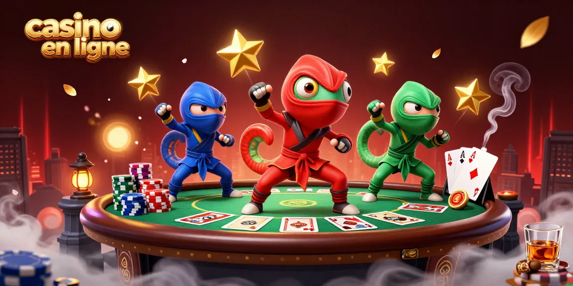 Action de joueurs sur casino en ligne avec des caméléons ninjas et des jetons de poker.