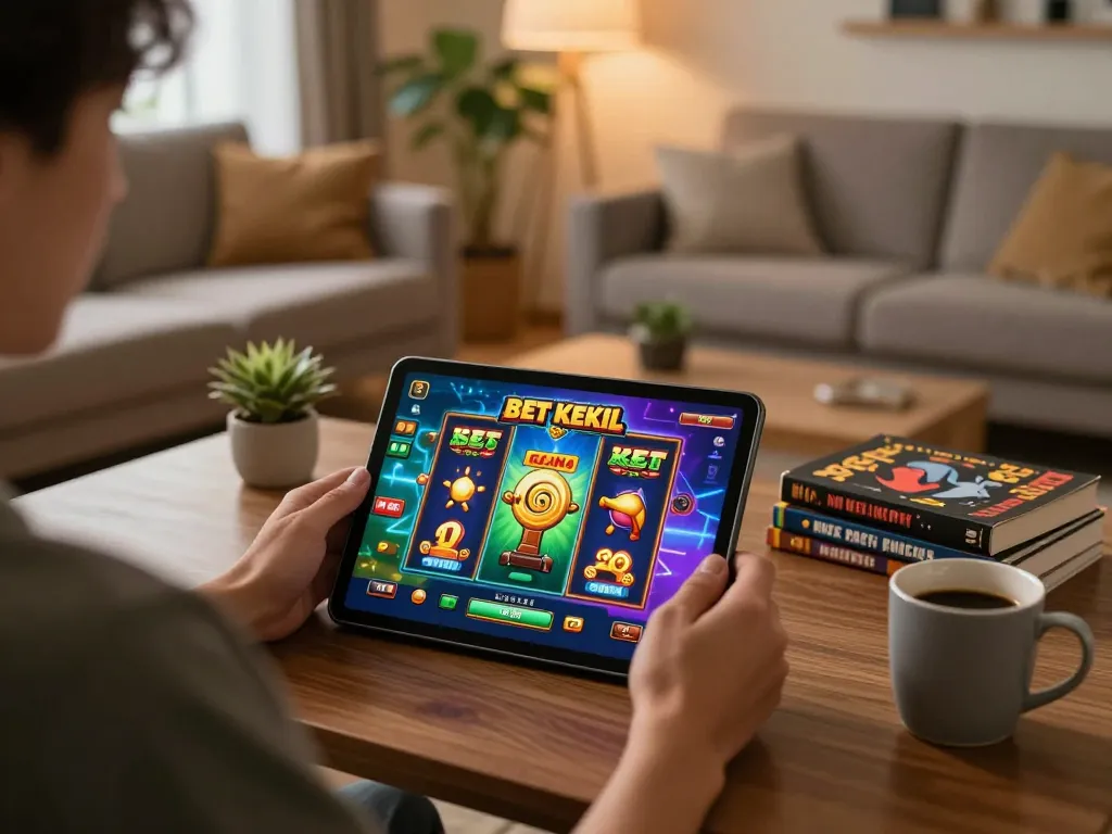 Engaging in slot bet kecil gaming on a tablet with a cozy home atmosphere.