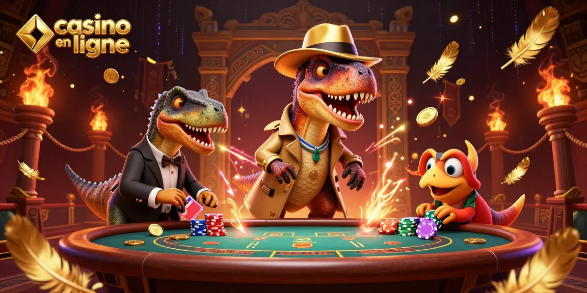 Une scène captivante montrant un velociraptor au casino en ligne, entouré de pièces d'or et d'effets de feu.