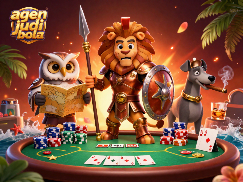 Engage with top agen judi bola strategies at a vibrant 3D casino scene filled with poker action.