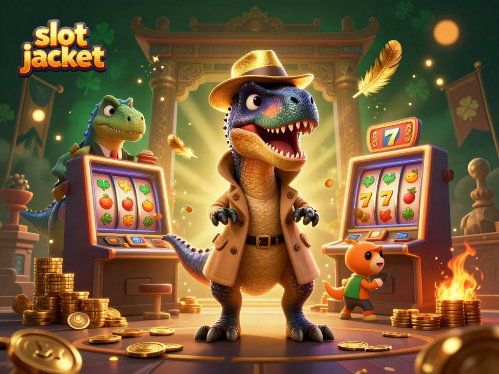 Experience the thrill of a slot jackpot with cartoon dinosaurs in a vibrant casino scene.
