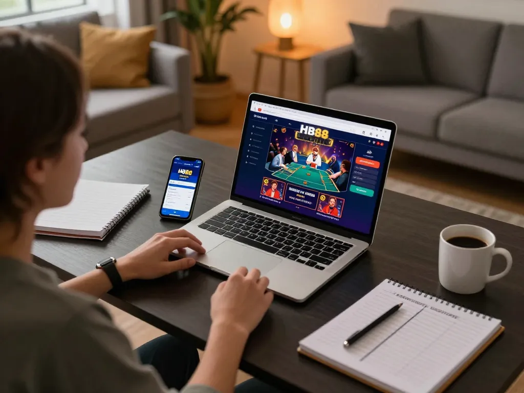 Engaging in HB888 online gaming with laptop and casino app in a cozy home setup