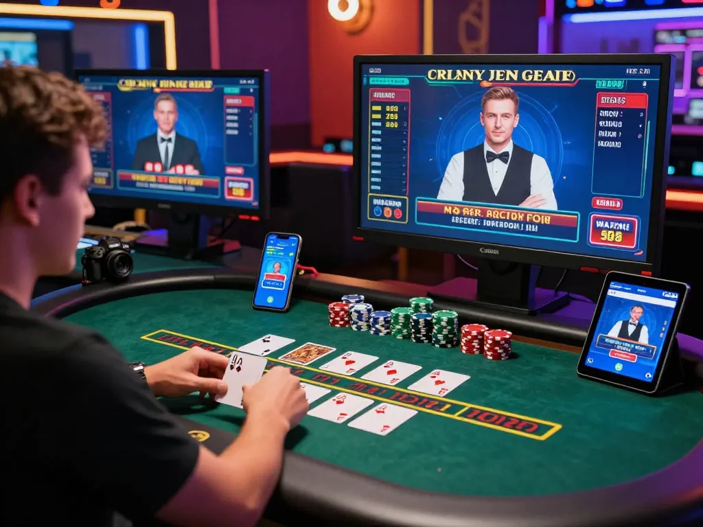 Engaged player at a bustling 바카라사이트 table with vibrant visuals and mobile devices illustrating online gaming excitement.