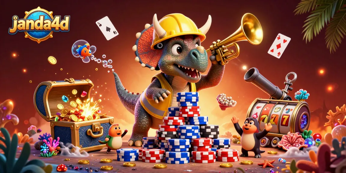 Ilustrasi dinamis janda4d menunjukkan triceratops dan parasaurolophus di kasino yang meriah, merayakan kemenangan.