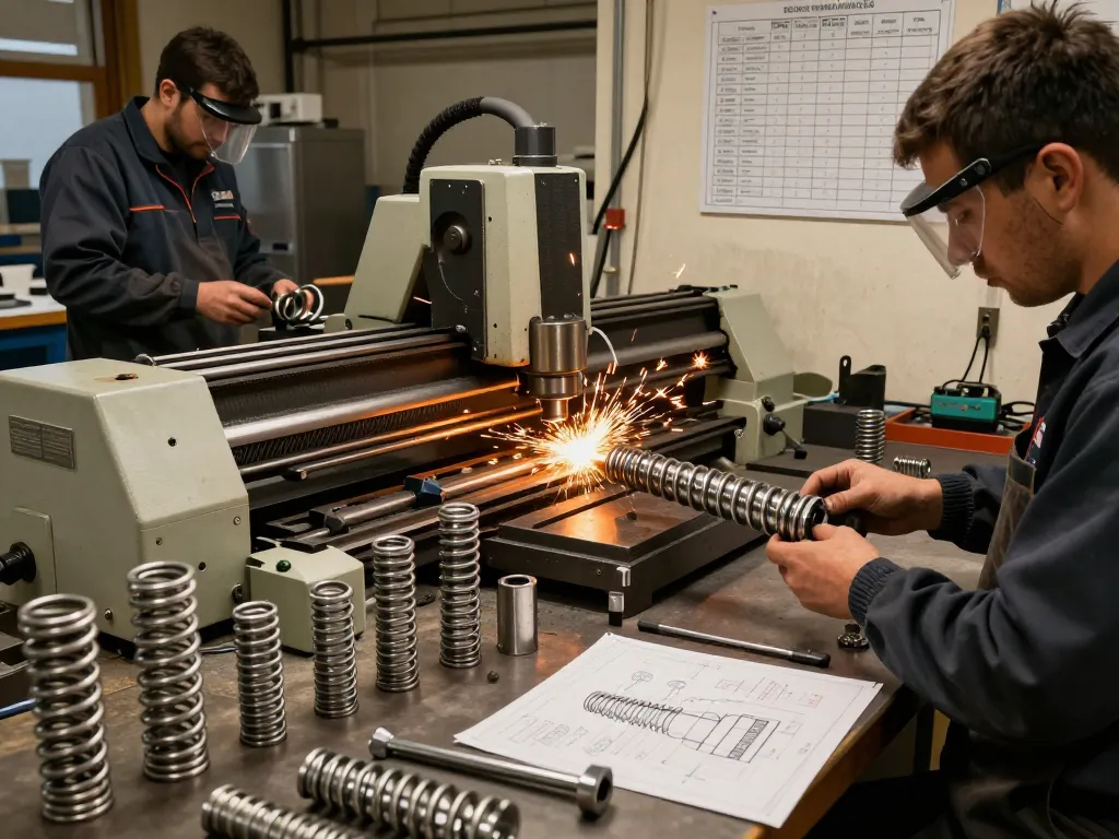 Scenă de producție a arcurilor la comandă de înaltă calitate, cu tehnicieni care creează cu expertiză diverse tipuri de arcuri într-un atelier industrial.