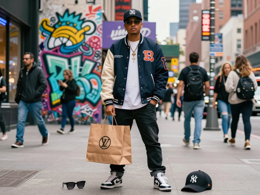 Stylish individual showcasing 레플리카 fashion items in a vibrant urban setting.