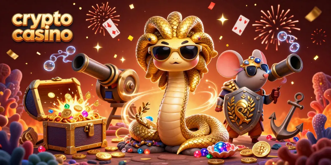 Découvrez l'univers des crypto casinos avec cette illustration dynamique de Medusa et d'un guerrier souriant entourés de trésors sous-marins.
