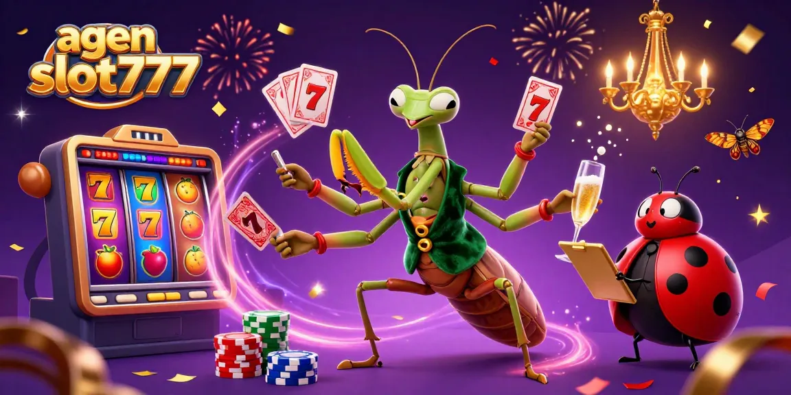 Engage with agen slot777 in a dynamic casino scene featuring vibrant slot reels and colorful effects.