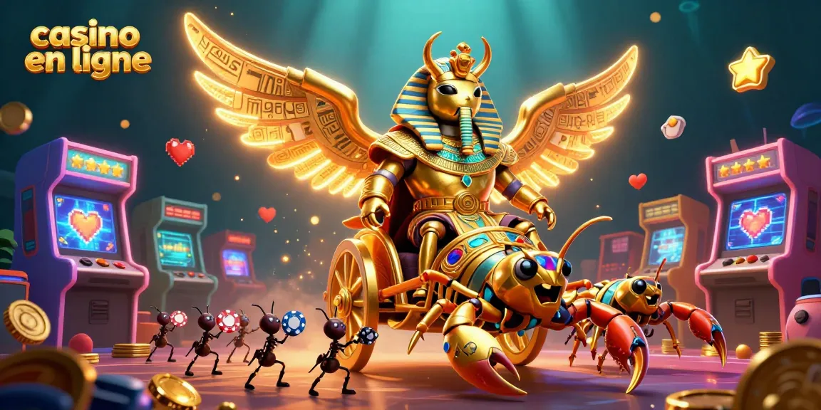 Jouez aux jeux de casino en ligne avec un scarabée doré spectaculaire et des scorpions dans cette illustration captivante.