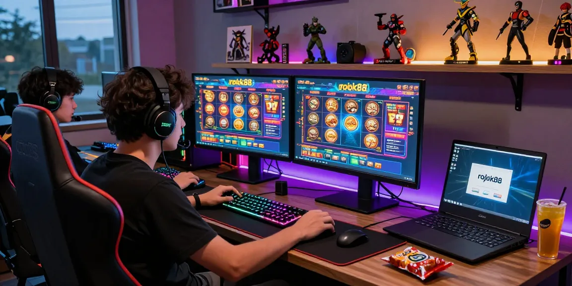 Player immersed in rokok88 rtp slot gaming on dual monitors with vibrant graphics.