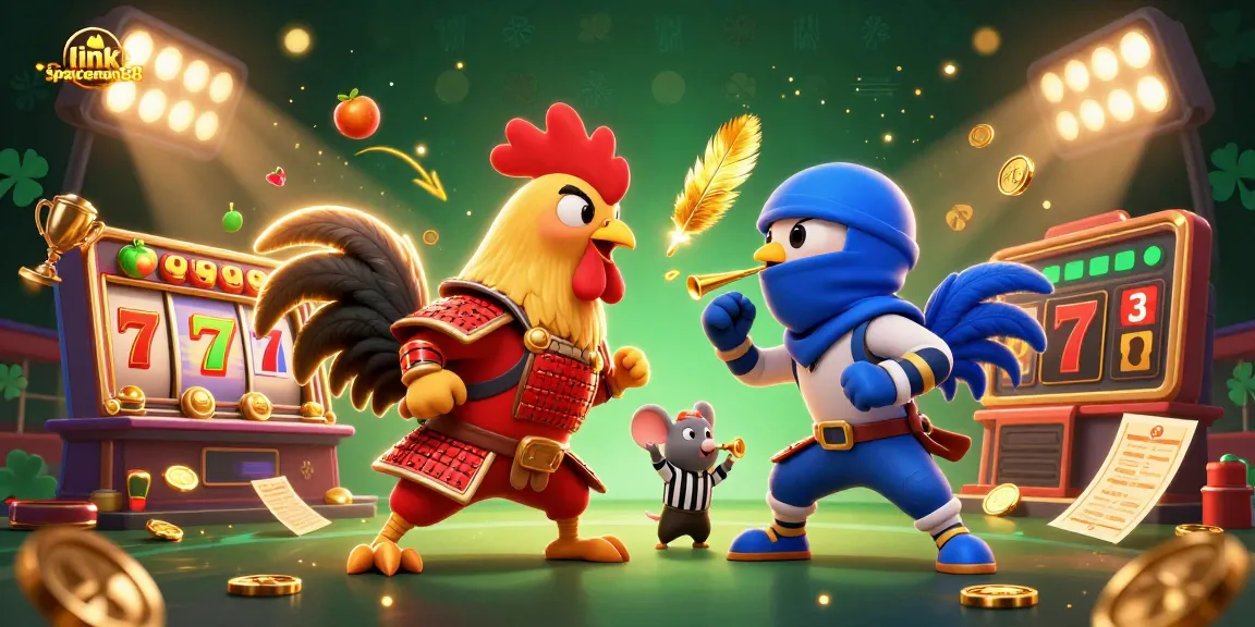 Engage with slot machines at link spaceman88, featuring cartoon roosters in a vibrant casino showdown.