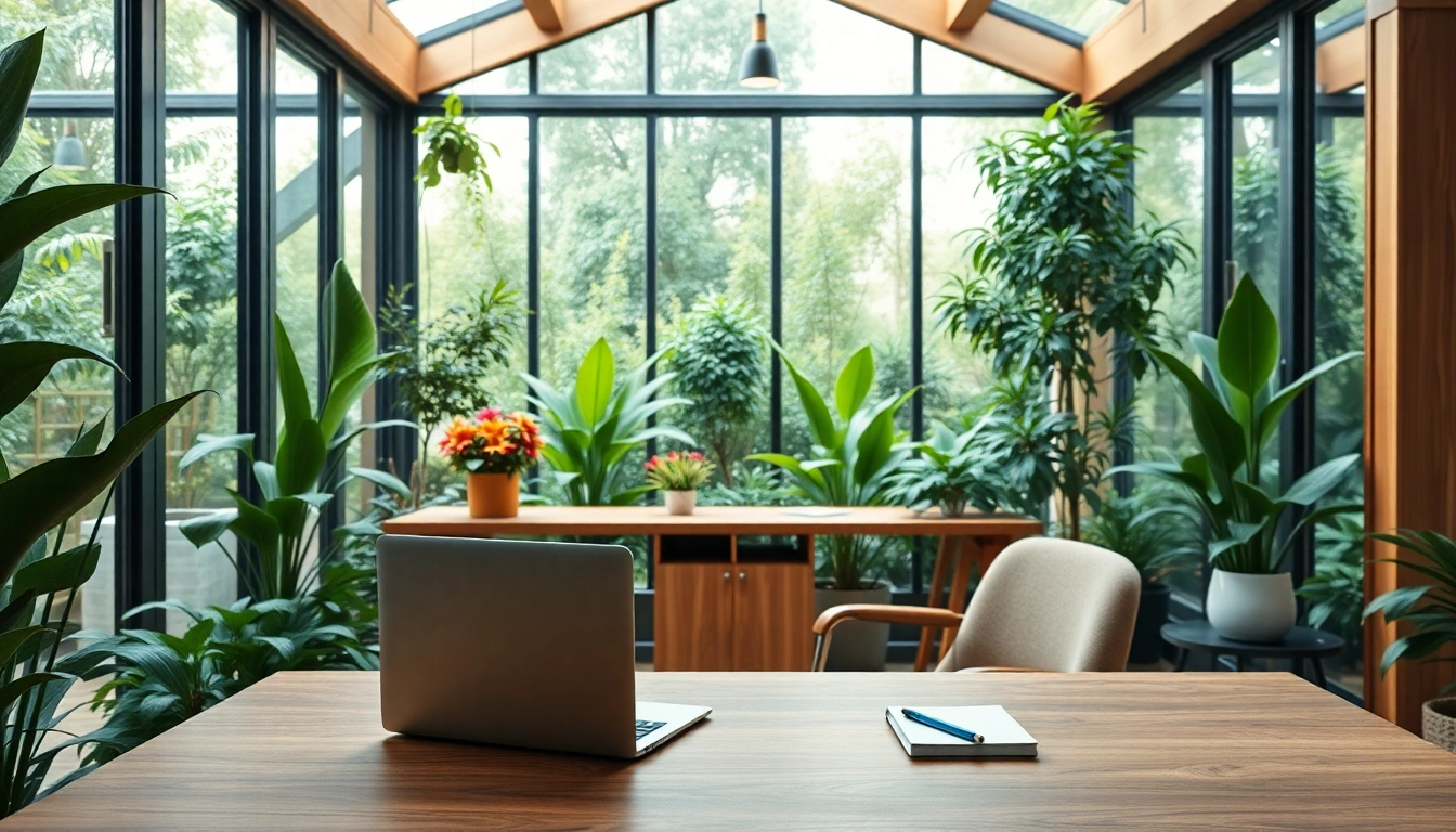 Wintergarten als Buero mit modernem Home-Office-Setup und viel Gruen