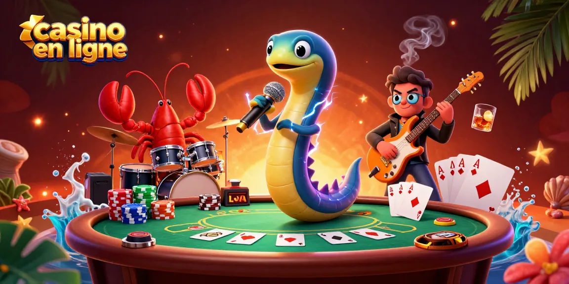 Jouez au casino en ligne avec des personnages colorés sur scène, entourés de jetons et de cartes.