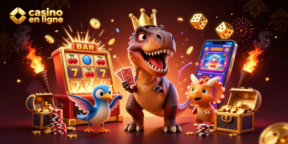 Jouez à des jeux de casino en ligne avec un T-Rex et des personnages dynamiques, scène colorée.