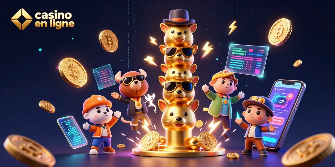 Casino en ligne : illustration dynamique d'un totem 3D entouré de pièces de crypto-monnaies.