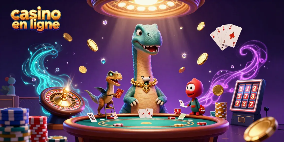Casino en ligne : un dinosaure géant observe une table de poker animée remplie de pièces d'or.