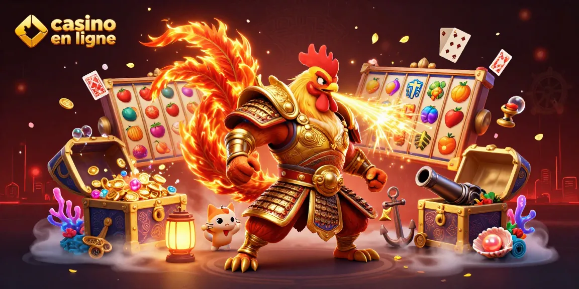 Illustration dynamique mettant en avant le casino en ligne avec un guerrier coq, un dragon et des récompenses en or.