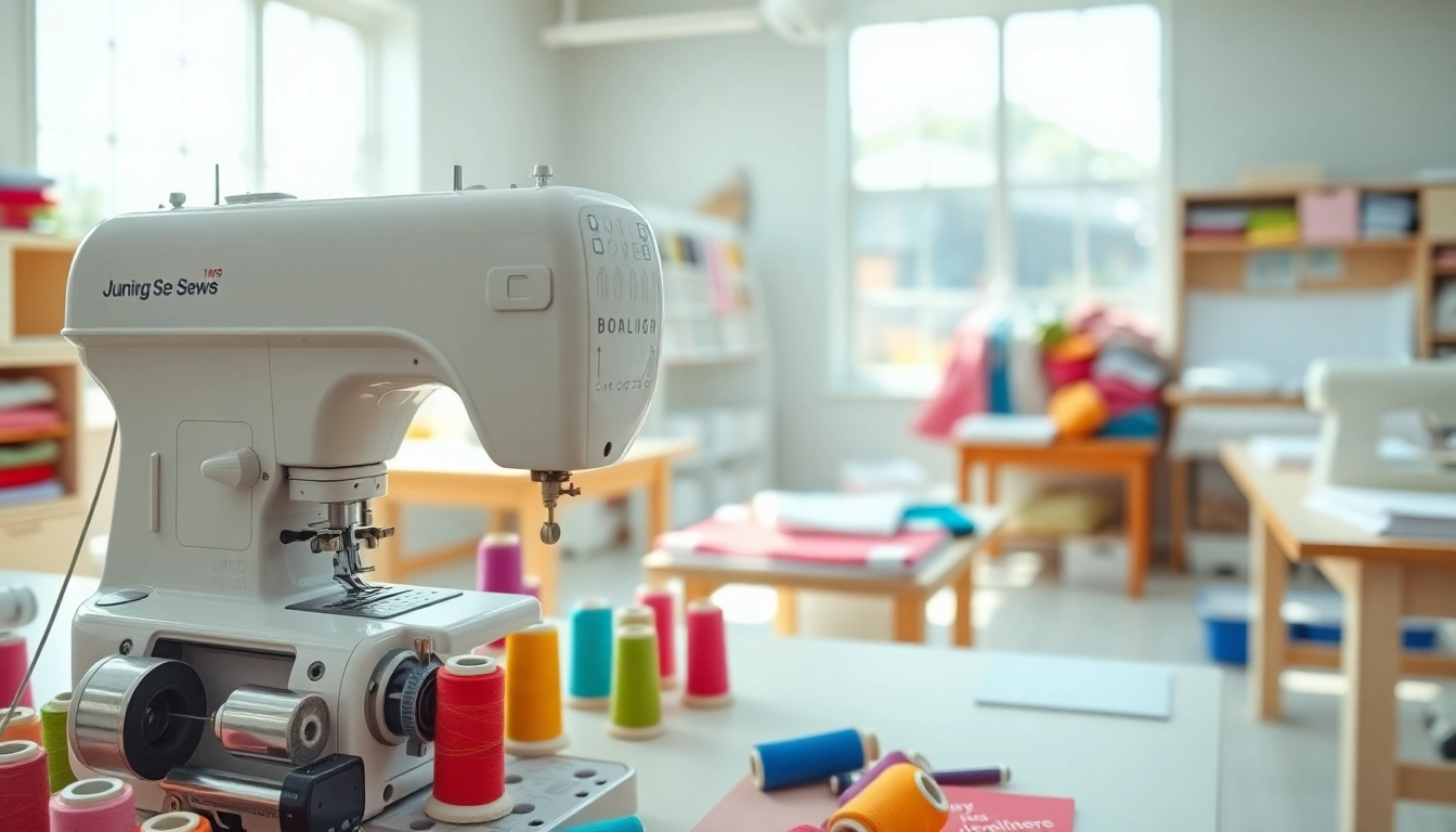 Beginnende naaiers gebruiken kleurrijke stoffen en gereedschappen in een heldere naaiatelier.