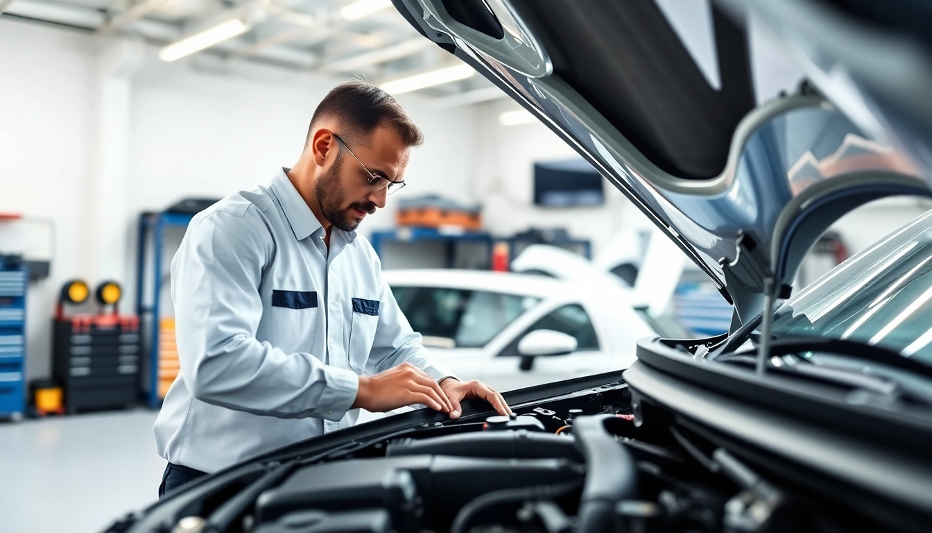 Mechanic showcasing the importance of a vehicle service contract by inspecting a car.