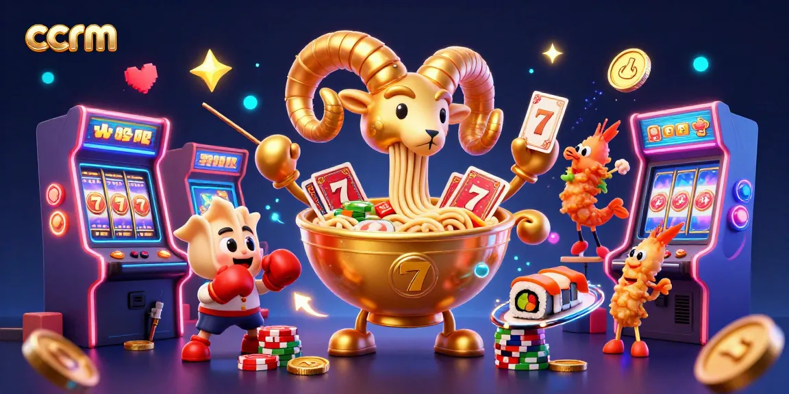 ccrm showcases a lively casino scene with a giant ramen bowl dealing cards alongside vibrant slot games and energetic characters.