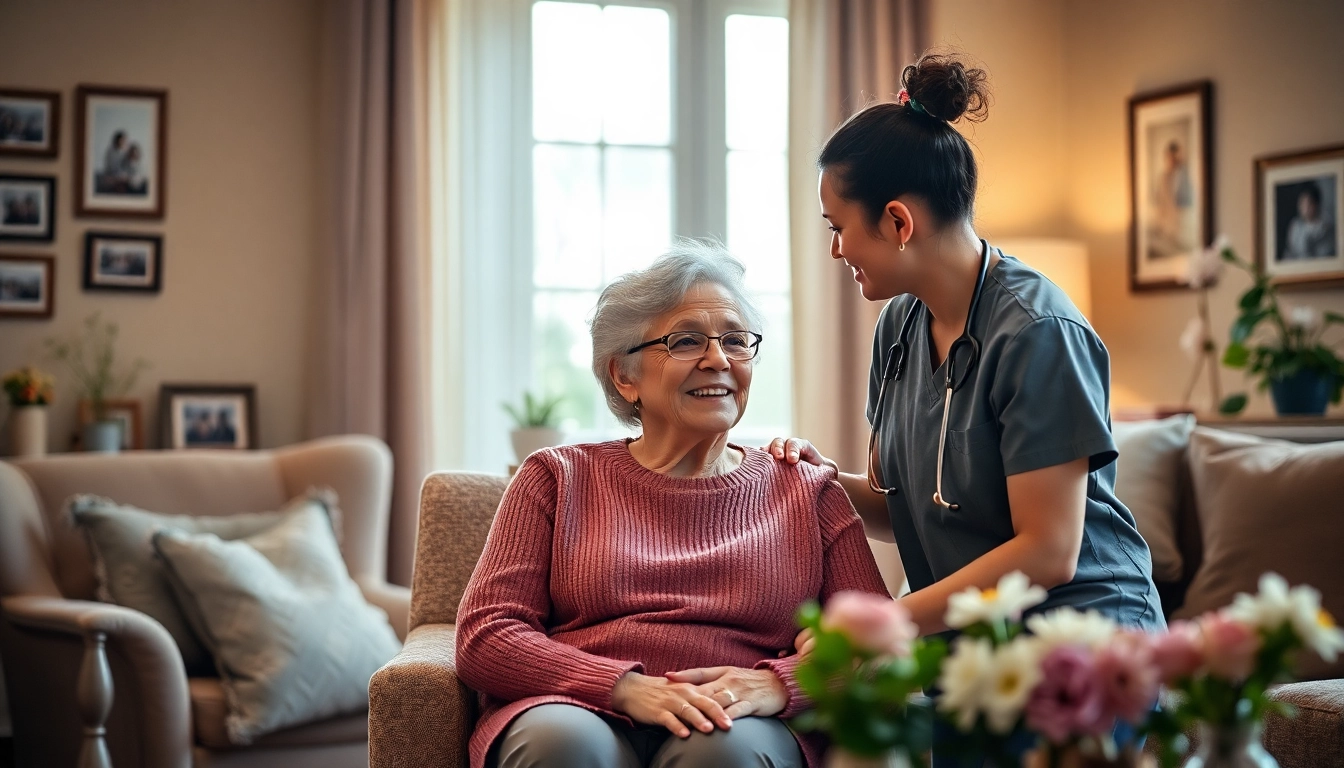 Caregiver providing attentive in home care for seniors during a friendly conversation in a cozy home.