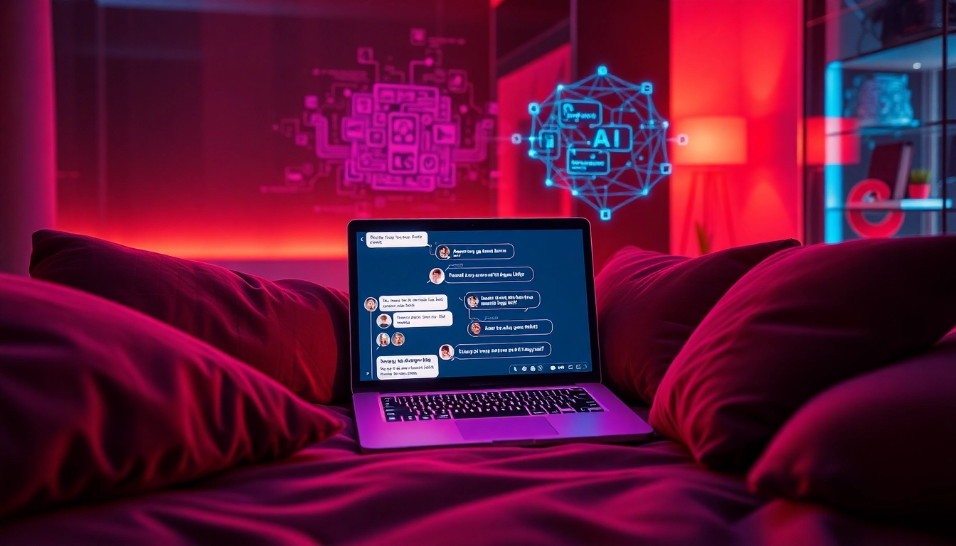 Intimate scene of AI sexting conversation on a futuristic laptop in a cozy environment.