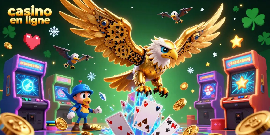 Vivez l'expérience de jeu avec notre illustration 3D mettant en valeur le casino en ligne et des éléments de jeux animés.