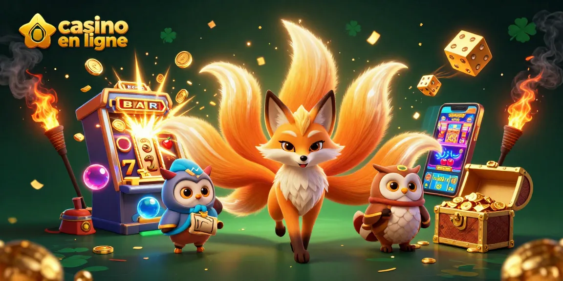 Gagnez aux jeux de casino en ligne avec le mélange d'un renard à neuf queues et un hibou sage, entouré d'éléments de jeu.