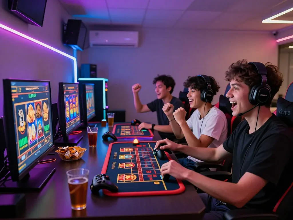 Friends enjoying online slots gaming experience at situs gacor with vibrant LED lights and excitement