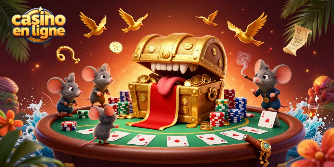 Illustration dynamique représentant un coffre au trésor et des souris, inspiré du casino en ligne