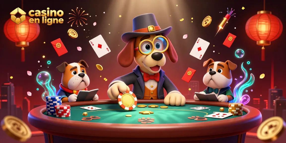 Gagnez au casino en ligne avec cette illustration ludique de détectives canins et de jetons de poker.