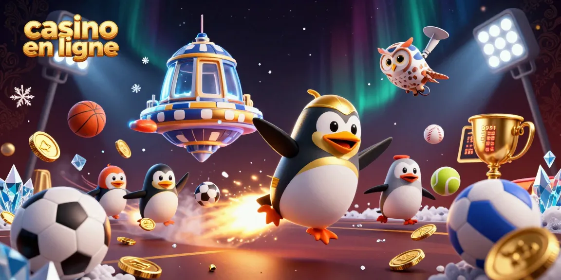 Plongée dans le monde du casino en ligne avec un pingouin doré et des éléments sportifs en action.