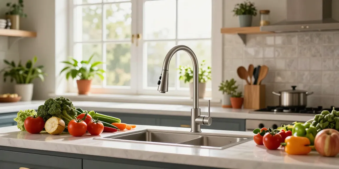 Modern kitchen with stylish kitchen faucets for cooking and preparation.
