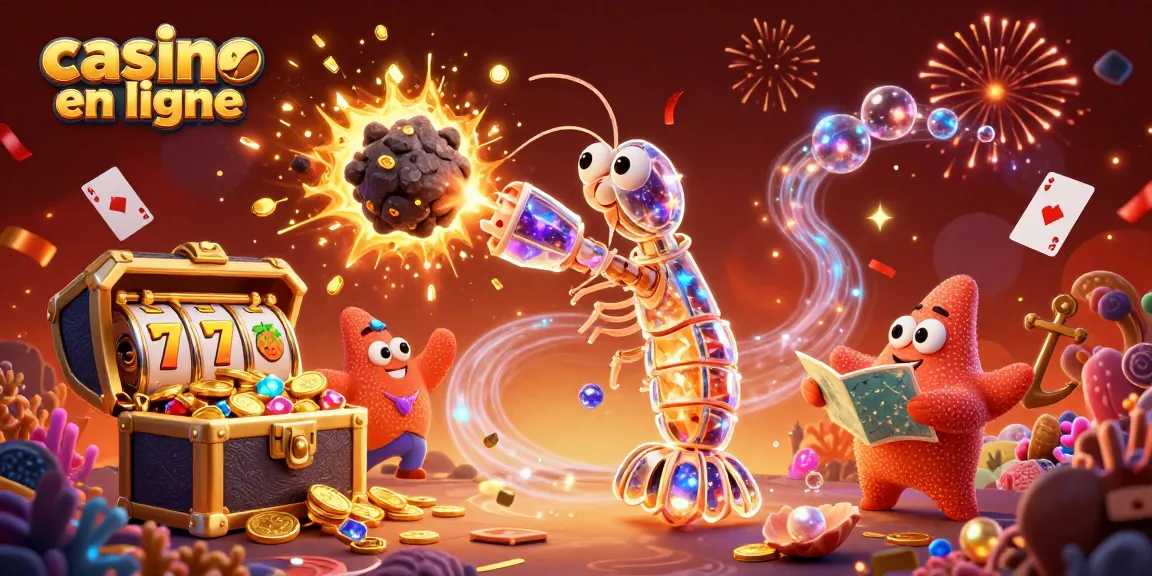 Jouer au casino en ligne avec des personnages dynamiques et des trésors colorés dans une scène festive.