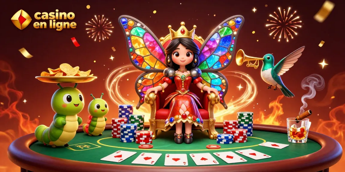 Profitez d'une scène animée de casino en ligne avec la reine papillon et des personnages colorés.