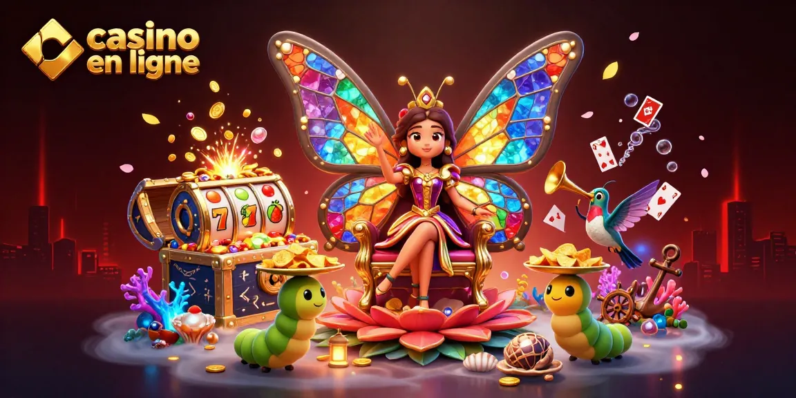 Illustration de la reine papillon entourée d'éléments de casino en ligne et de trésors marins vibrant.