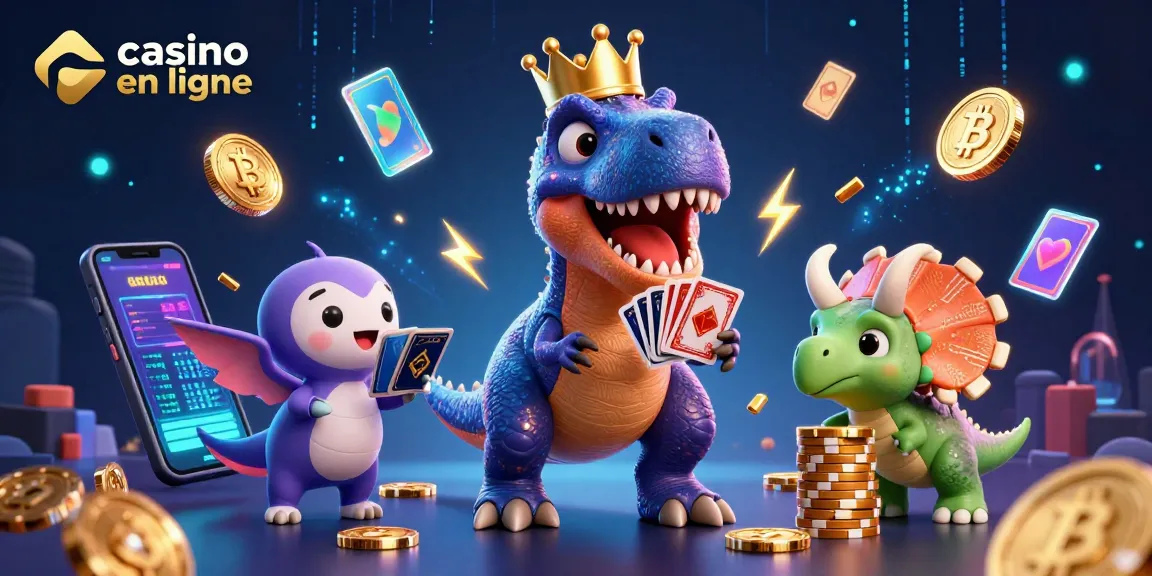 Déplacez-vous dans le monde des jeux de casino en ligne avec des personnages de dinosaures amusants et des éléments crypto scintillants.