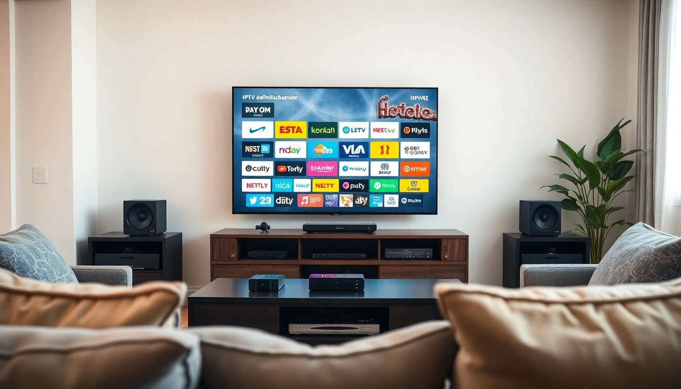 Watch diverse channels on IPTV Suisse with a cozy streaming setup in a modern living room.