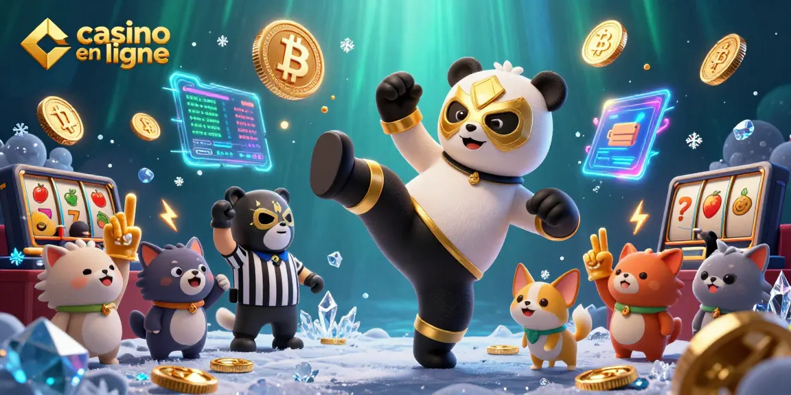 Action captivante dans un casino en ligne avec le panda lutteur et le chihuahua arbitre.