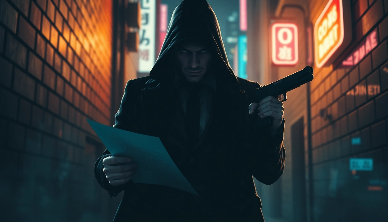 Engaging scene with an assassin representing Contracts and Bullets gripping a contract and gun.