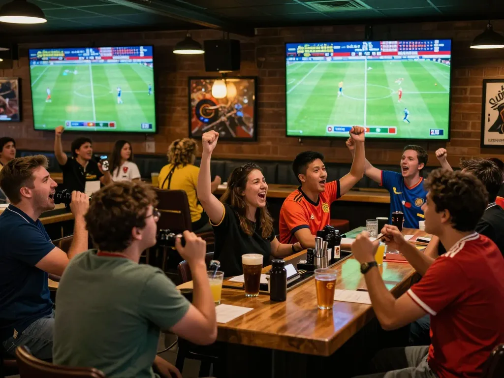 Kết Quả Bóng Đá displayed on large screens at a bustling sports bar during a live match