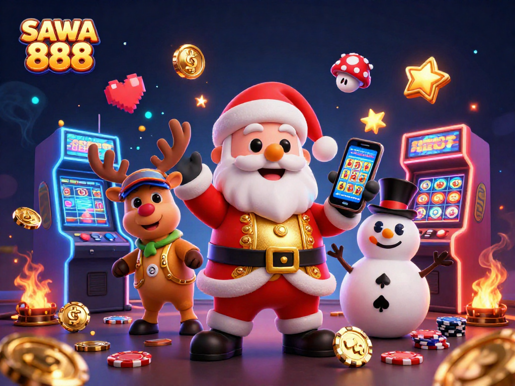Experience SAWA 888 with our cartoon characters enjoying sparkling jackpot slots, perfect for engaging gameplay.