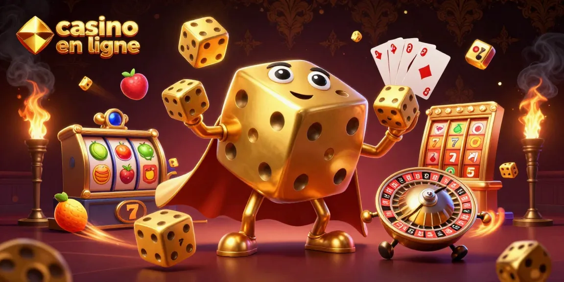 Image dynamique de casino en ligne avec un golem de dés dorés et des rouleaux de machines à sous colorées.
